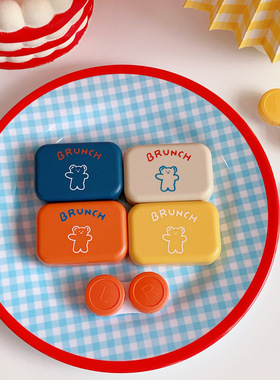 活动礼品简约韩风可爱双联盒卡通隐形眼镜伴侣盒小熊盒便携护理盒