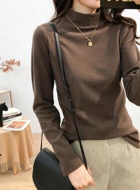 韩国抗起球双面磨毛彷羊绒加厚半高领打底衫女秋冬大弹力长袖T恤