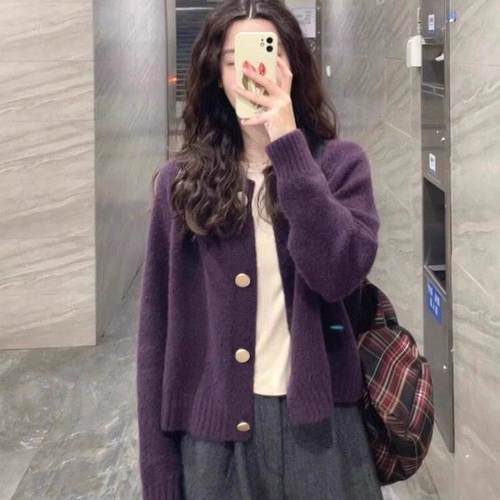 法式rouje damas紫色针织开衫女秋冬加厚浣熊绒短款毛衣外套上衣