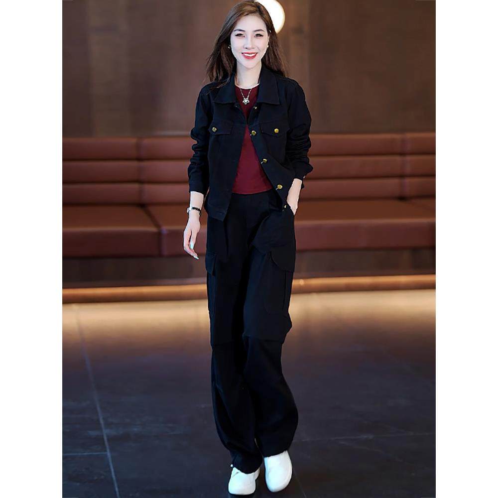 时尚洋气休闲牛仔工装裤套装女秋季时髦流行短外套阔腿裤两件套潮