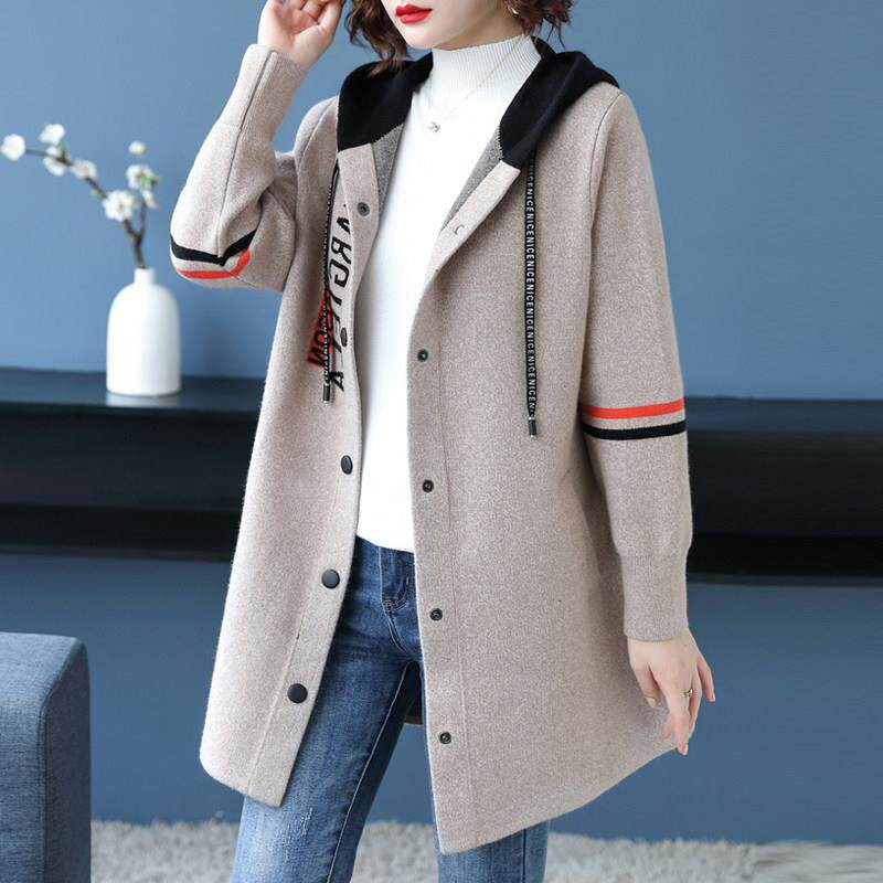 双面羊毛呢大衣女秋冬季中长款显瘦开衫加肥大码休闲羊绒连帽外套