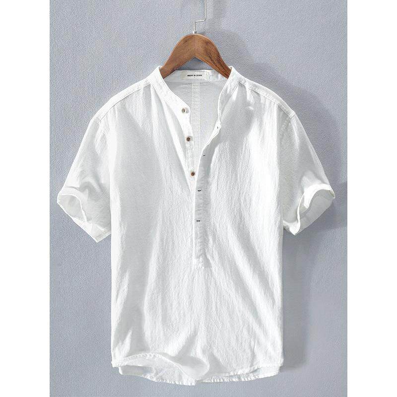 亚麻短袖T恤男士夏季套头圆领中国风立领棉麻布体恤衫白色薄衬衣