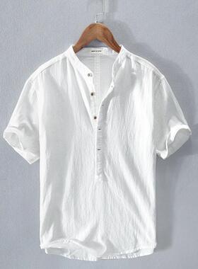 亚麻短袖T恤男士夏季套头圆领中国风立领棉麻布体恤衫白色薄衬衣