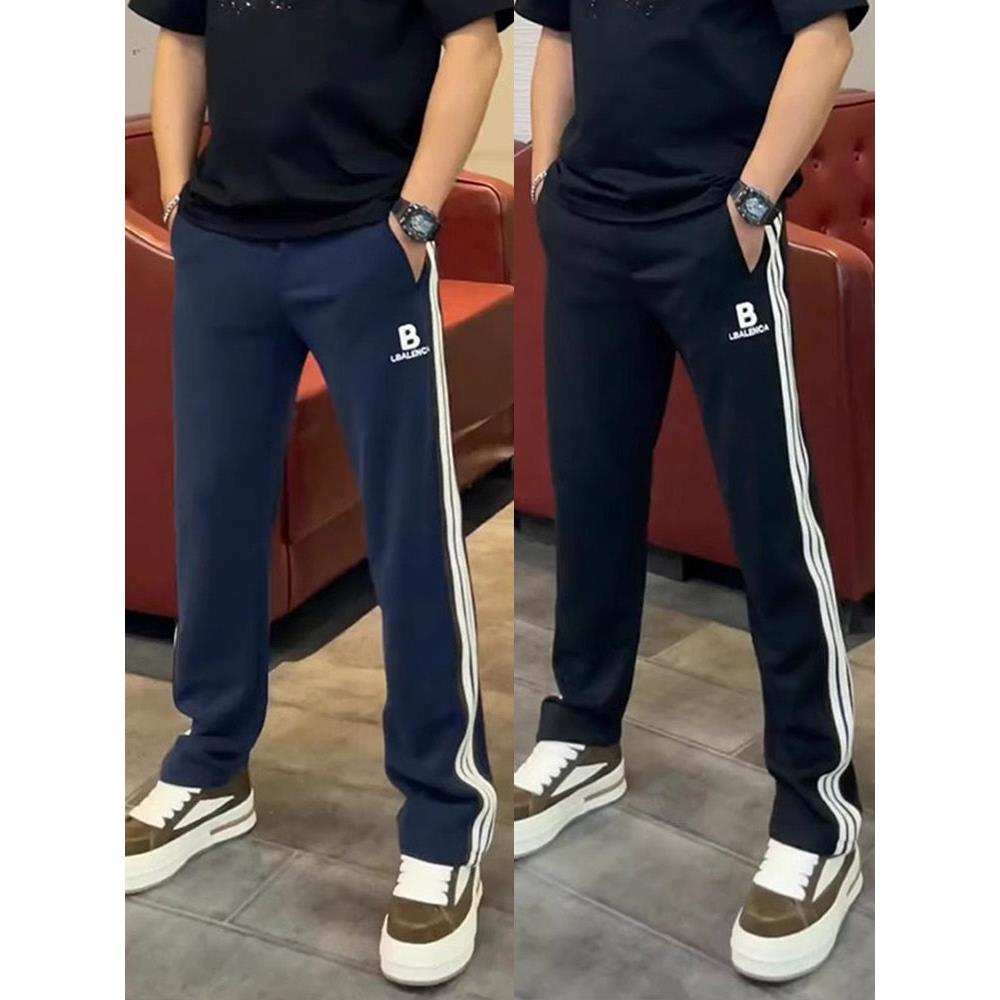高档拼接条纹阔腿休闲裤男秋季新款潮流刺绣字母宽松直筒运动卫裤