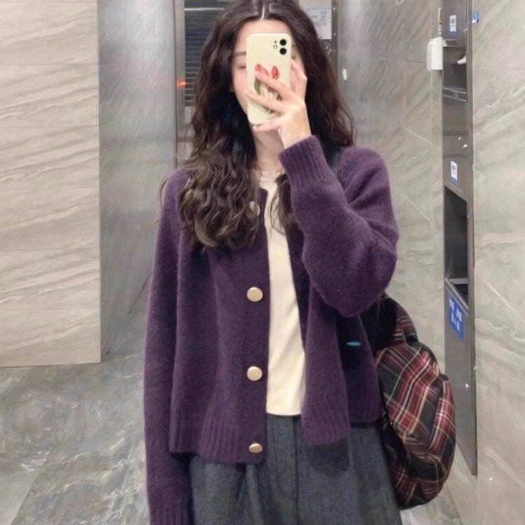 法式rouje damas紫色针织开衫女秋冬加厚浣熊绒短款毛衣外套上衣,女装/女士精品,常规大码外套,淘宝优惠券,粉丝福利购,淘宝优惠卷