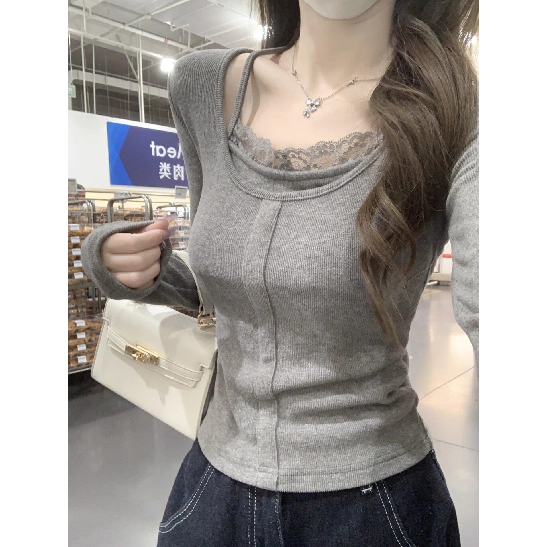 灰色假两件长袖t恤打底衫女款2025新款秋季韩系修身显瘦上衣小衫