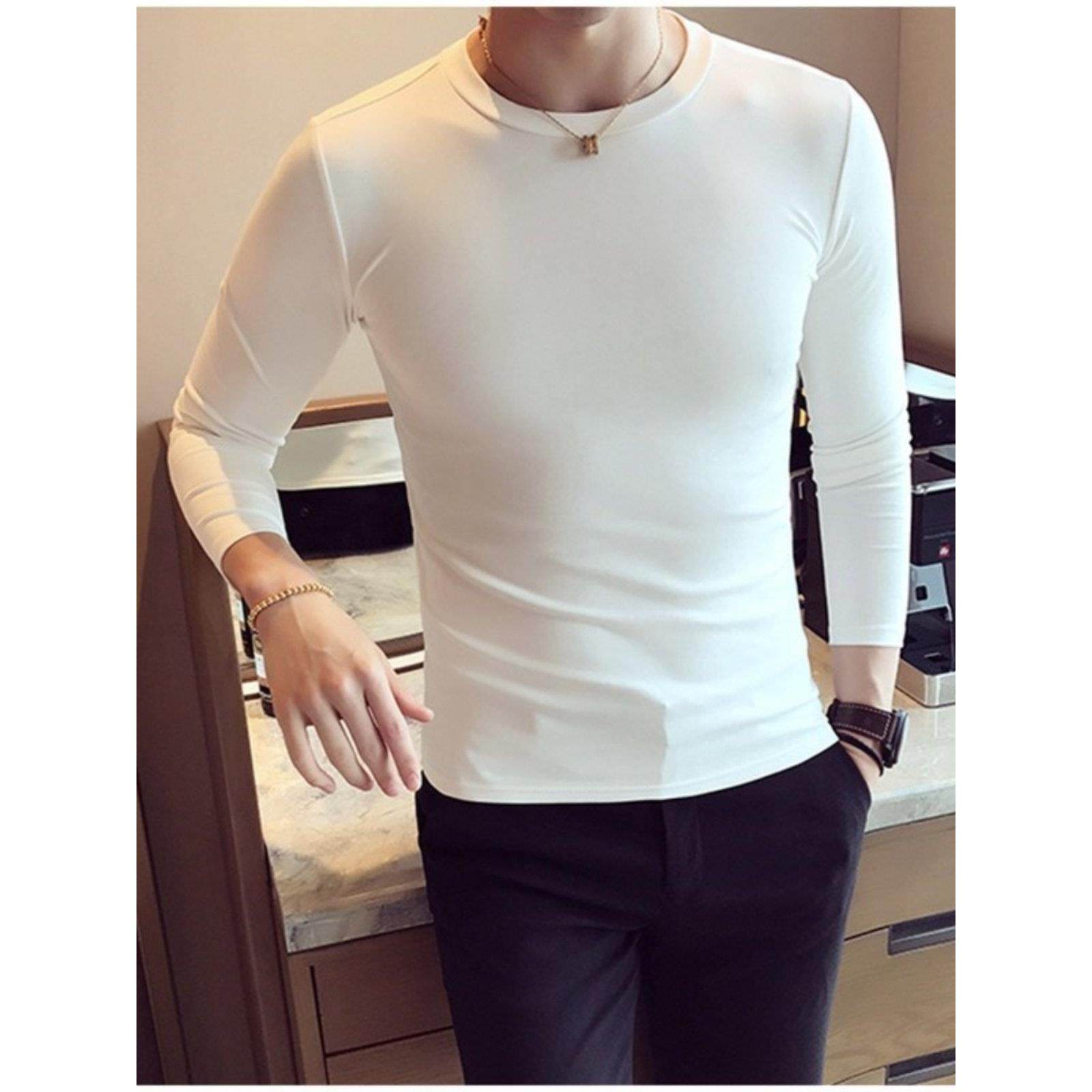 男士长袖t恤春秋新款纯棉修身圆领短袖内搭春季薄款白色打底衫男