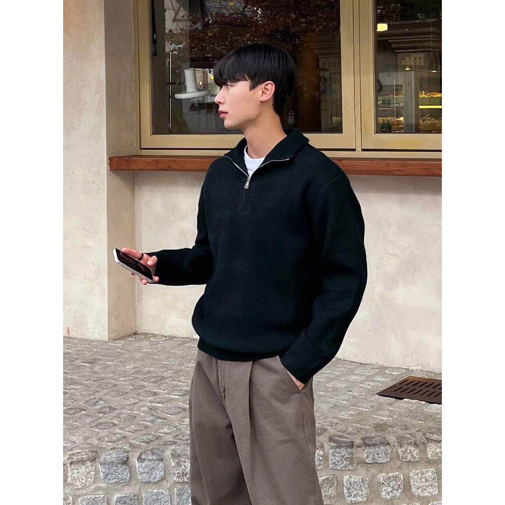 香港高领半拉炼羊绒毛衣男士韩版宽松翻领简约针织衫纯色套头上衣