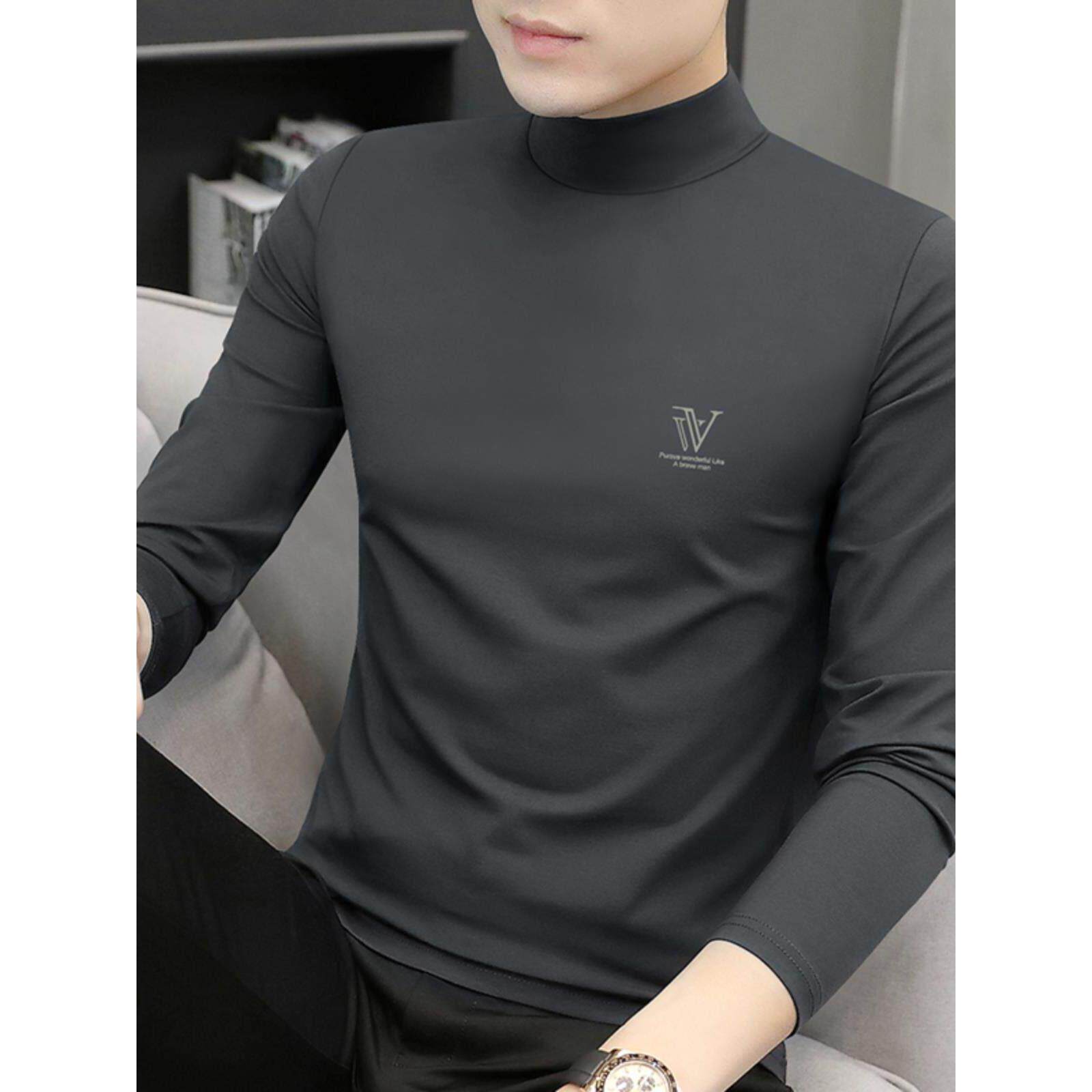 莫代尔半高领打底衫男士t恤长袖春秋装薄款修身中领内搭保暖内衣