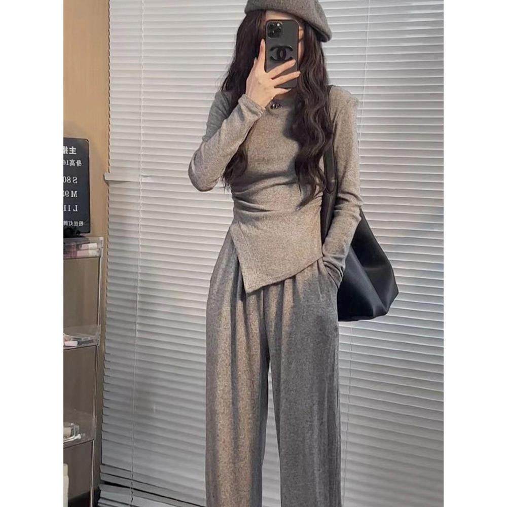 加绒保暖上衣运动裤时尚套装女春秋季小个子直筒阔腿裤休闲两件套