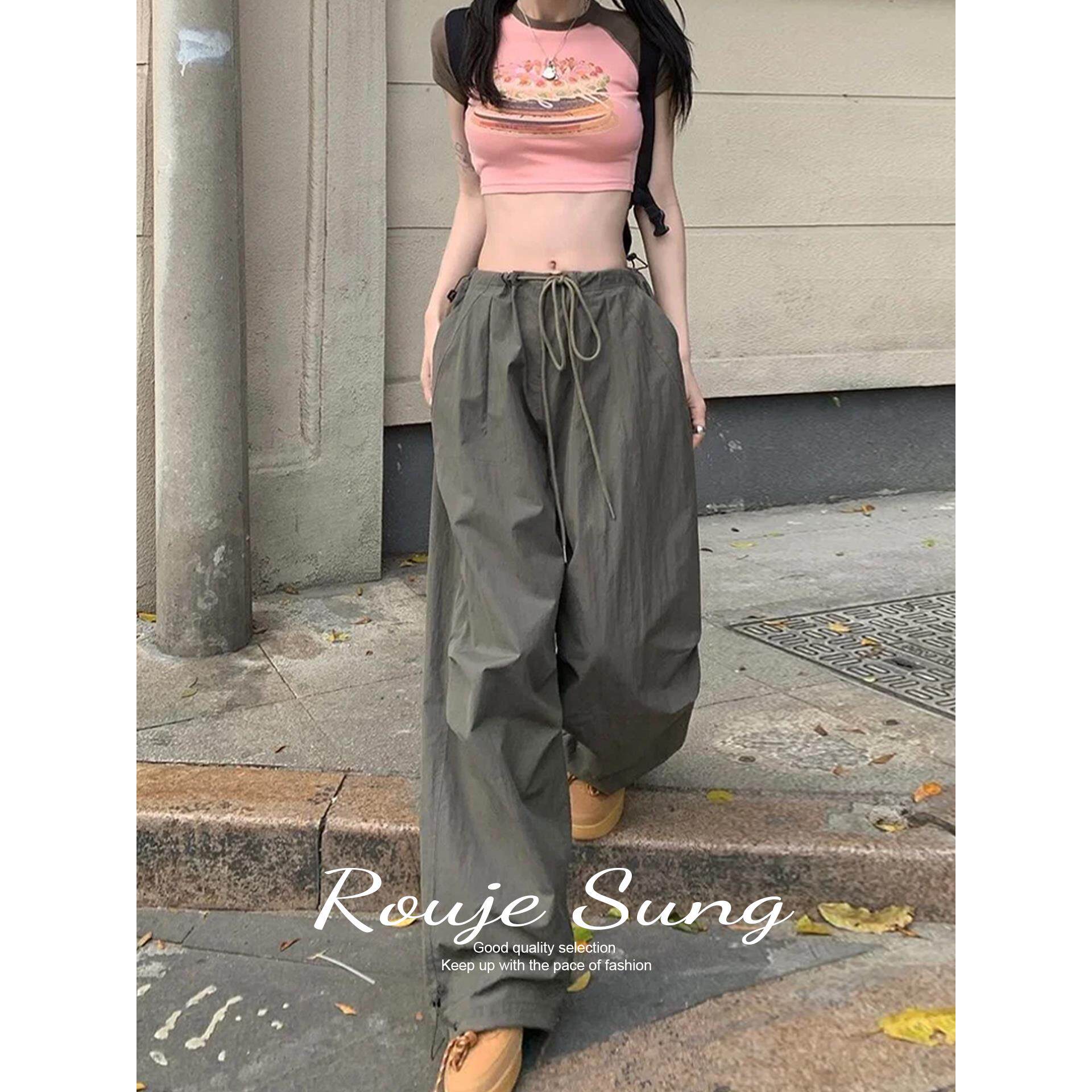 ROUJE SUNG秋季薄款工装裤女军绿色户外速干裤小个子宽松休闲裤