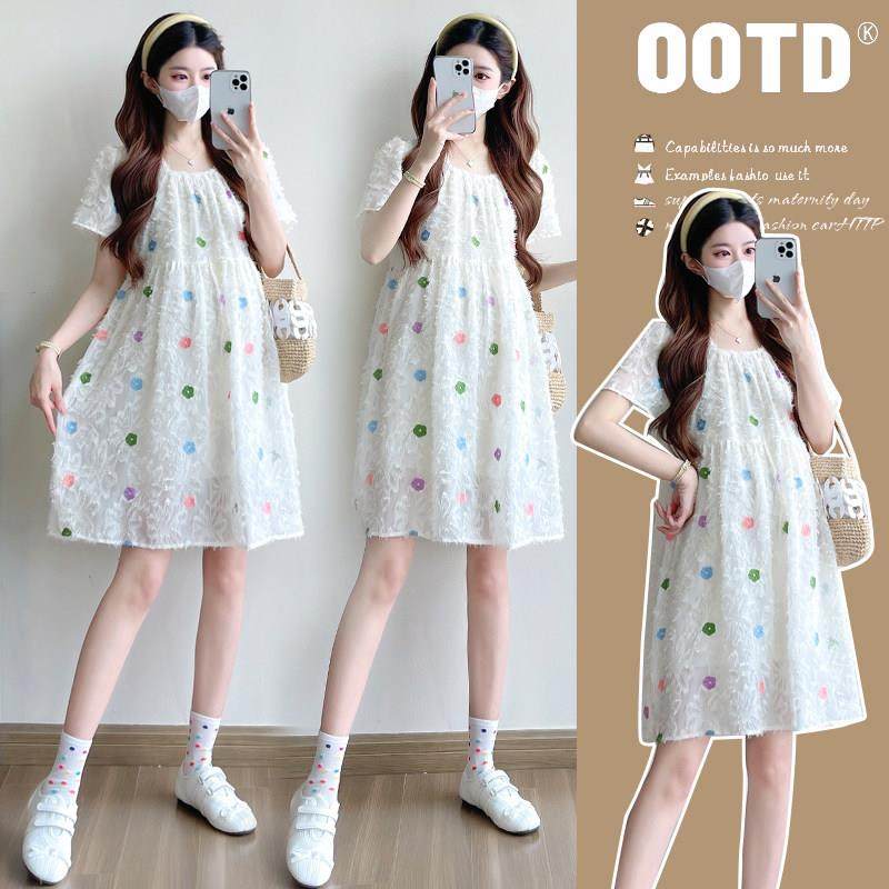 韩国2025孕妇装夏季新款时尚显瘦重工刺绣蕾丝连衣裙中长款孕妇裙