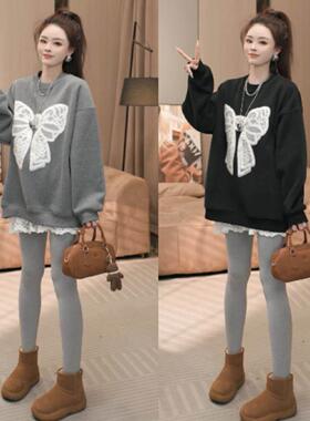 欧洲站时尚蝴蝶结加绒圆领卫衣女秋冬新款百搭宽松休闲长袖上衣潮