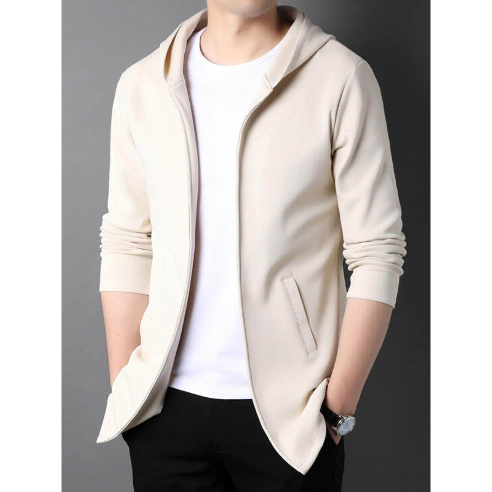 香港春秋季卫衣男士纯色薄款修身披肩开衫中运动休闲连帽外套上衣