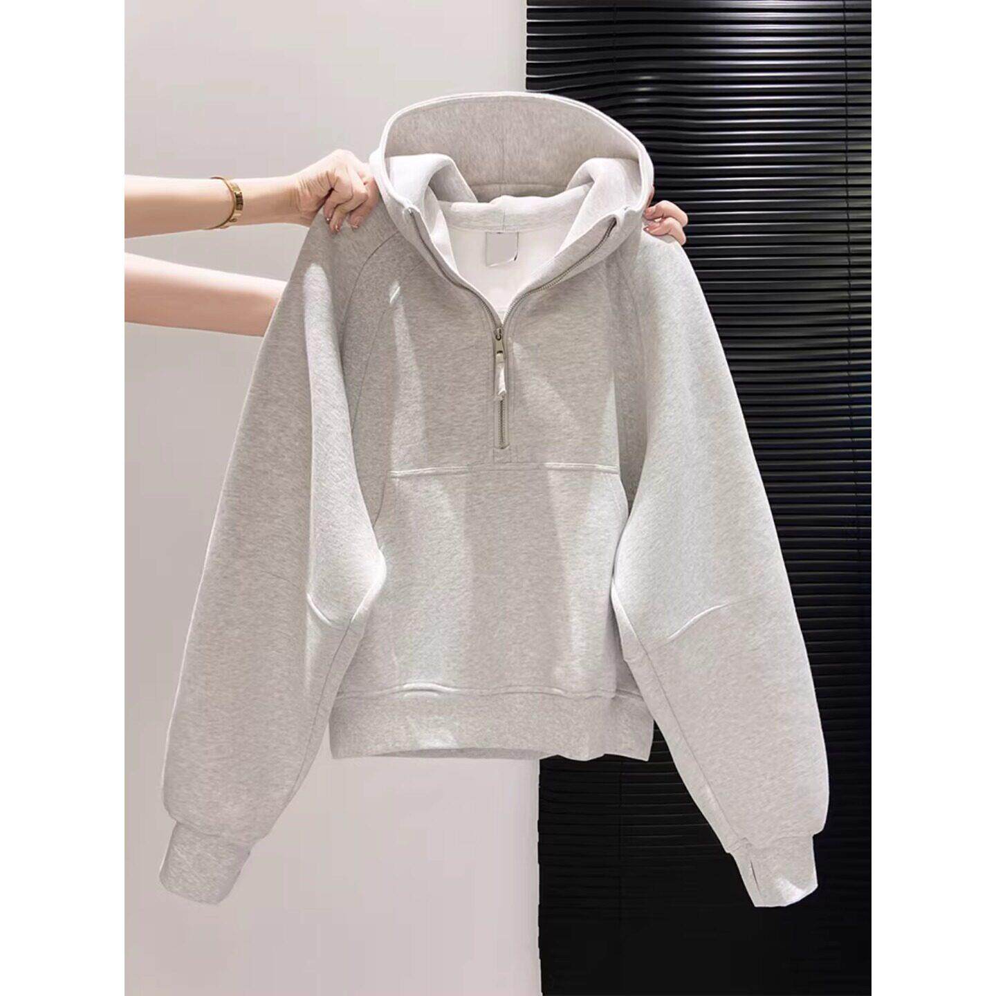 Canary Kiss花灰色半拉链上衣女2026春新款百搭休闲重磅连帽卫衣