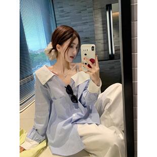 女宽松休闲百搭上衣 条纹衬衫 法国Rouje Renksy设计感露肩V领长袖