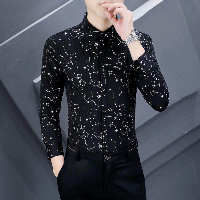 潮牌男士长袖花衬衫春秋季时尚修身免烫上衣韩版休闲百搭痞帅衬衣