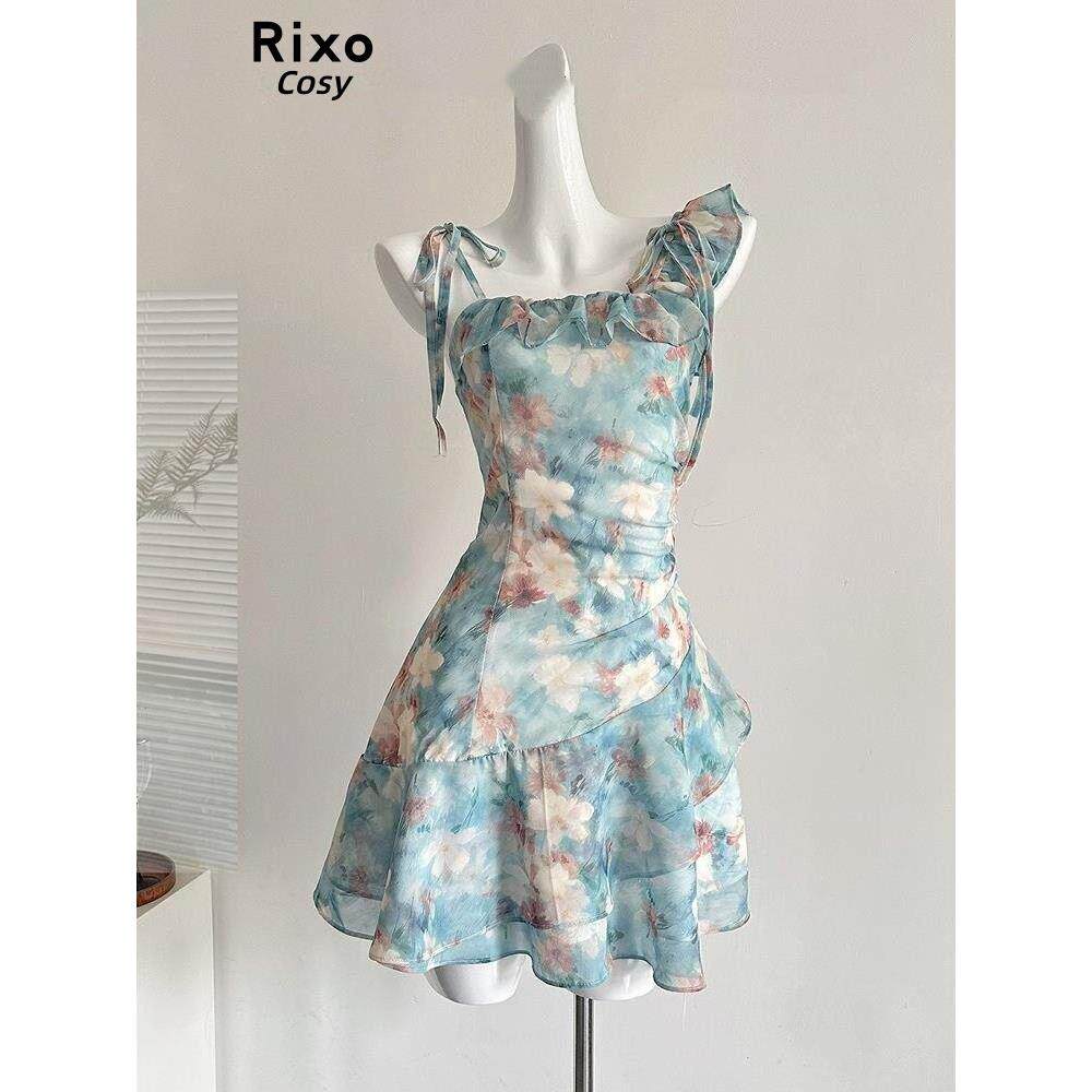 Rixo Cosy蓝色油画感小清新不规则度假鱼尾吊带碎花裙女夏季新款