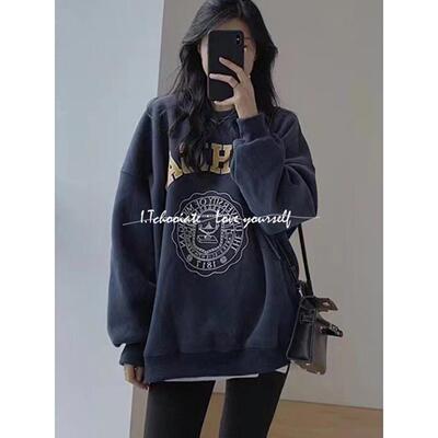 I.Tchooiate藏蓝色圆领卫衣女2025秋款加绒加厚美式中长宽松慵懒