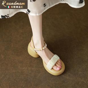 RUONDMAM厚底露趾涼鞋 一字扣帶純色夏季 舒適女鞋 女真皮百搭高跟鞋