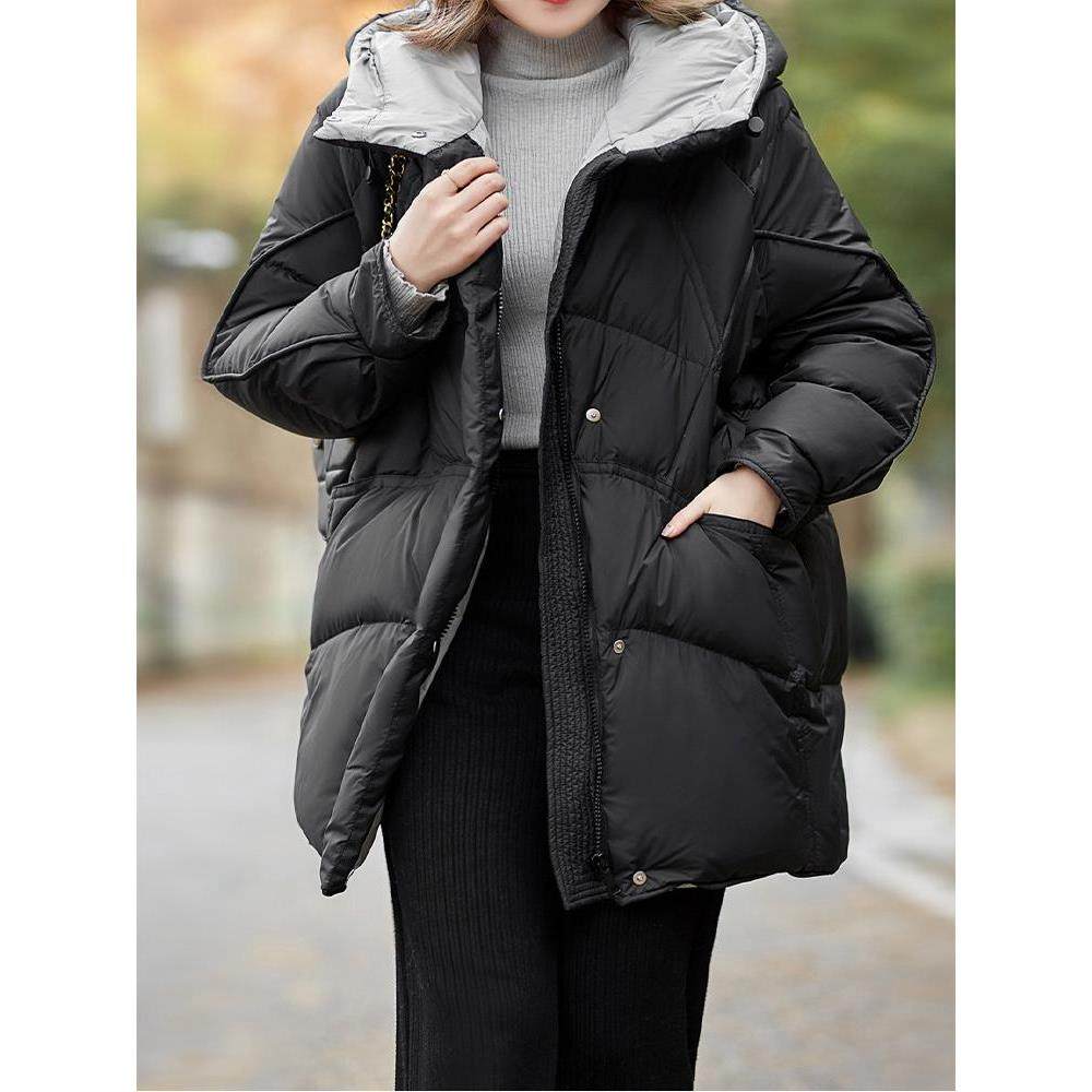 YENR 白鸭绒连帽中长款羽绒服 秋冬新款时尚休闲~拉炼连帽外套女