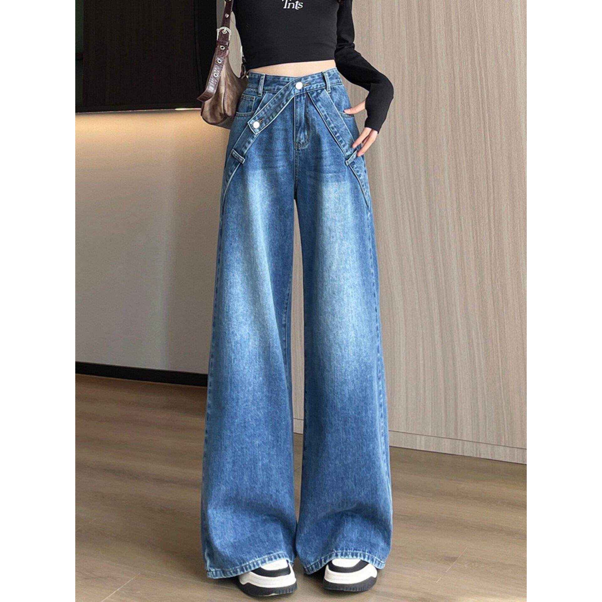 韩国设计感窄版阔腿牛仔裤女2026年春季高腰显瘦宽松拖地直筒裤子