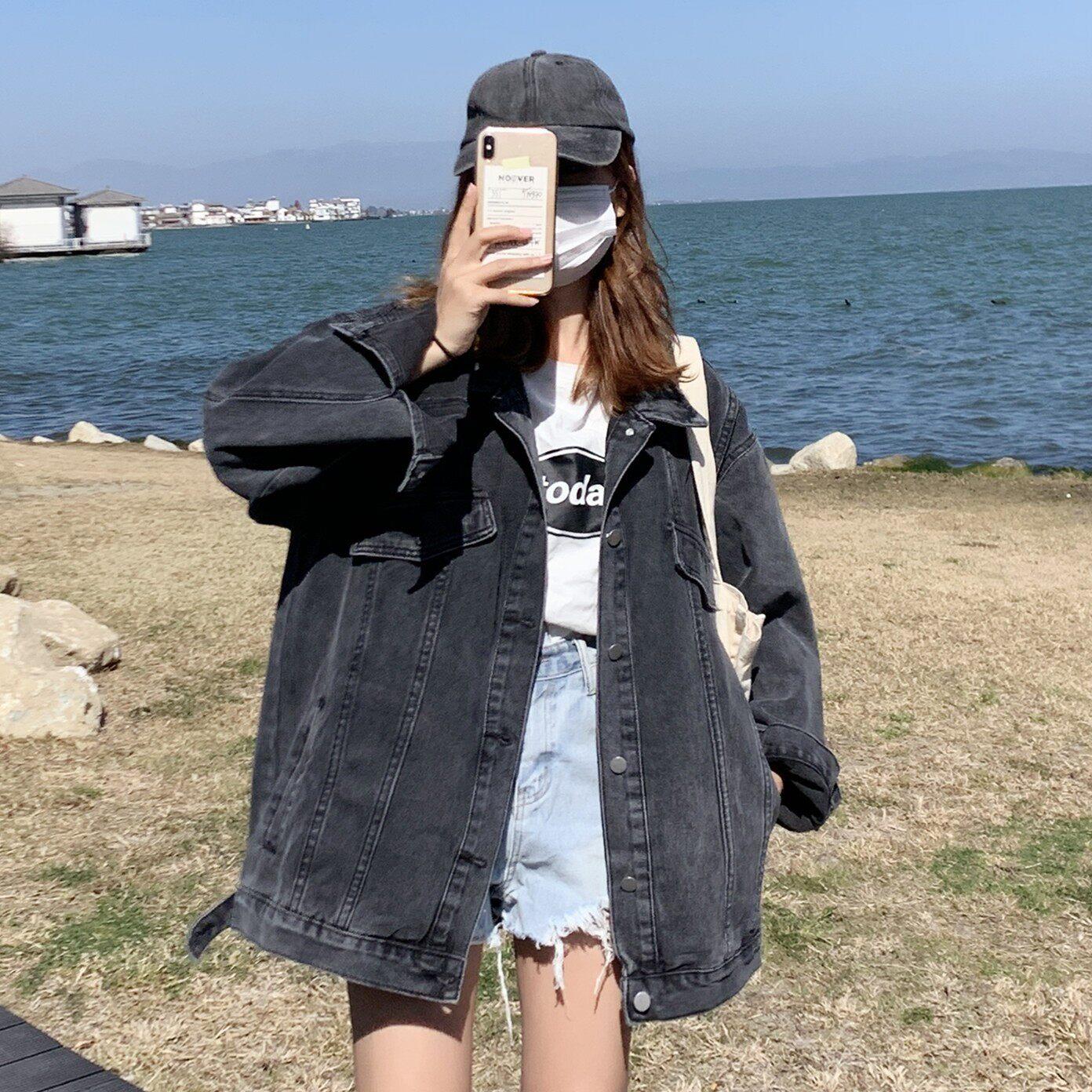 潮牌黑色牛仔外套女中长款2025春季新款高级感小个子美式覆古上衣