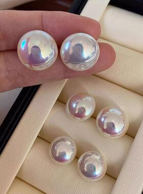 chomelkinsey粉光大珍珠耳钉女高级感轻奢小众气质扁圆馒头珠耳环