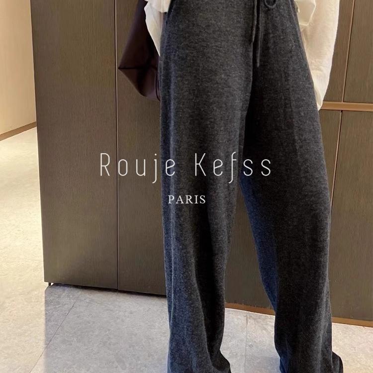 Rouje kefss法式羊绒糯米针织阔腿裤女秋冬软糯松紧腰直筒羊毛裤