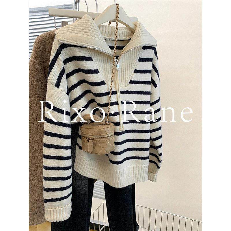 法国Rixo Rane ?浣熊绒条纹半拉链针织毛衣女秋冬季翻领加厚上衣
