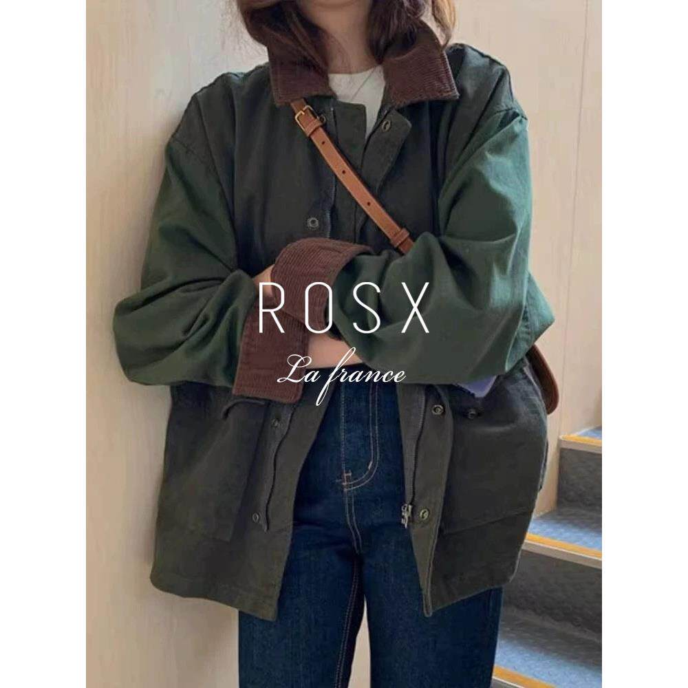 ROSX法式覆古绿色翻领工装夹克外套女秋冬高级感中长款宽松冲锋衣