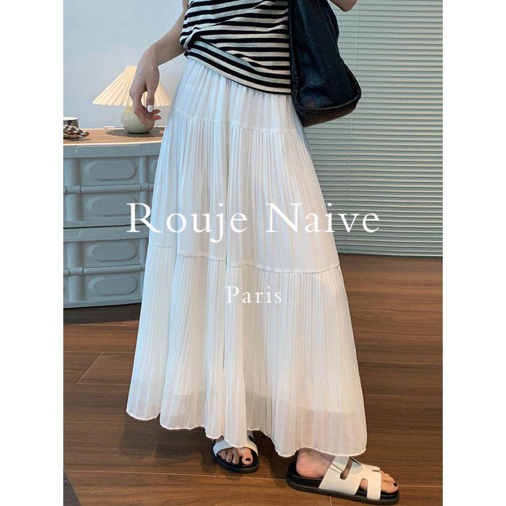 Rouje Naive白色雪纺半身裙女春夏季A字伞裙大摆裙垂感百褶长裙子
