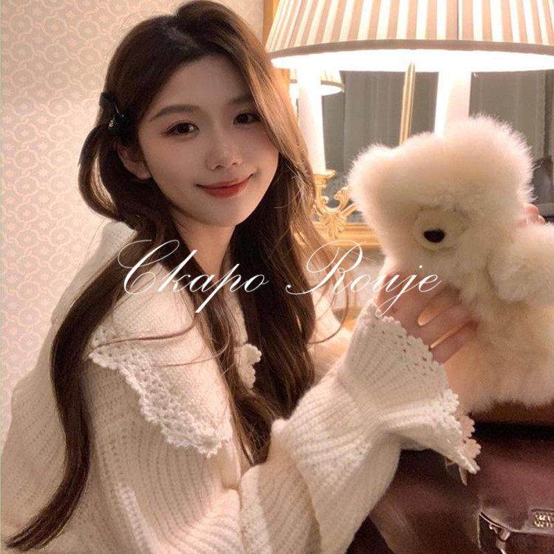 Ckapo Rouje法式甜美娃娃领白色钩花毛衣女秋冬学院风花边针织衫,女装/女士精品,常规大码外套,淘宝优惠券,粉丝福利购,淘宝优惠卷