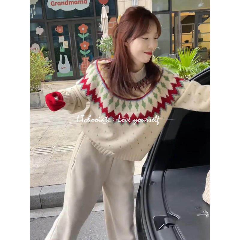 I.Tchooiate新年费尔岛毛衣女2024冬款慵懒风甜美宽松设计感上衣