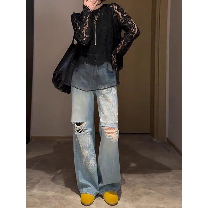 蕾丝拼接破洞牛仔裤女夏季新款大码梨形身材高腰显瘦直筒阔腿裤