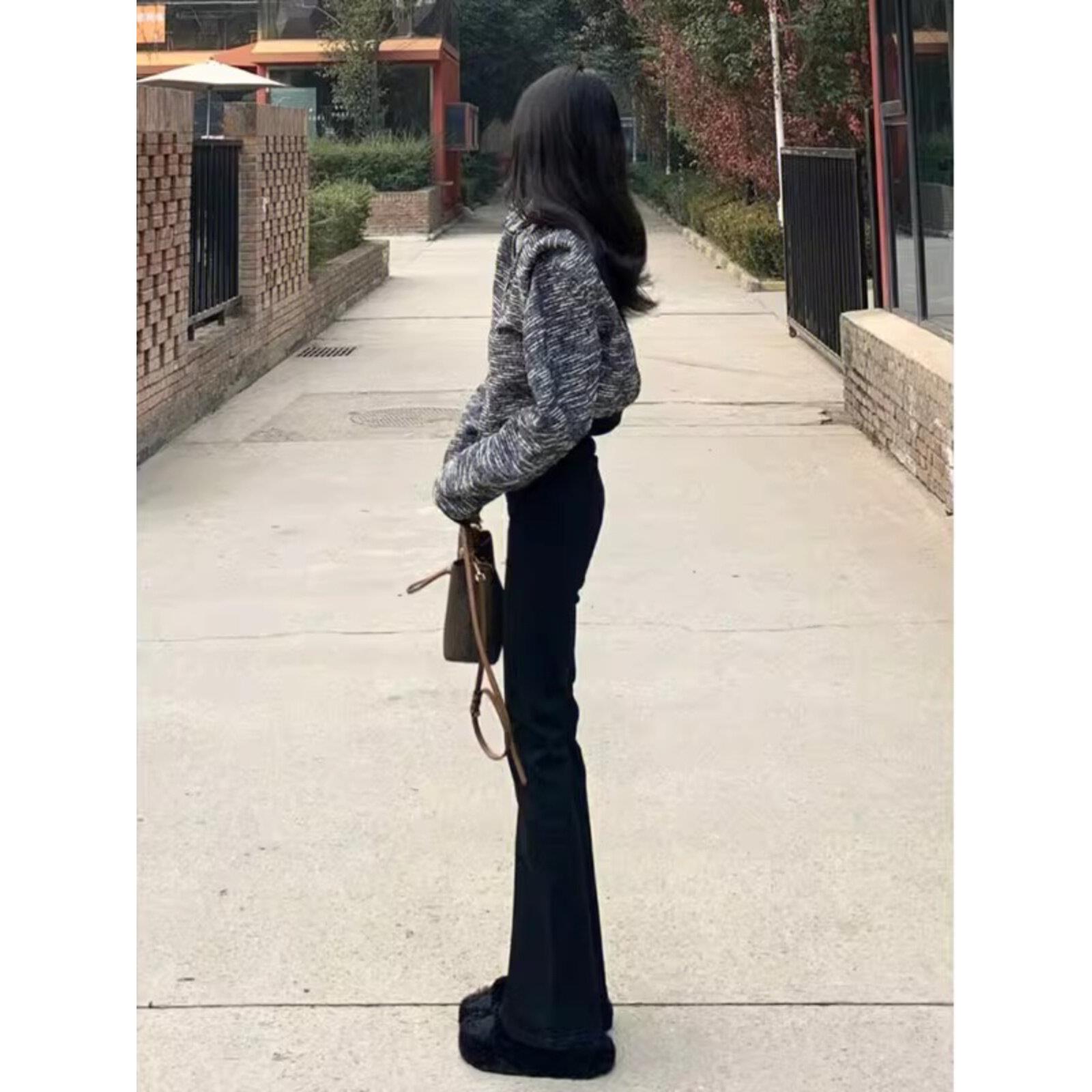 黑色修身微喇牛仔裤女春秋新款韩版高腰显瘦显高弹力百搭喇叭裤子