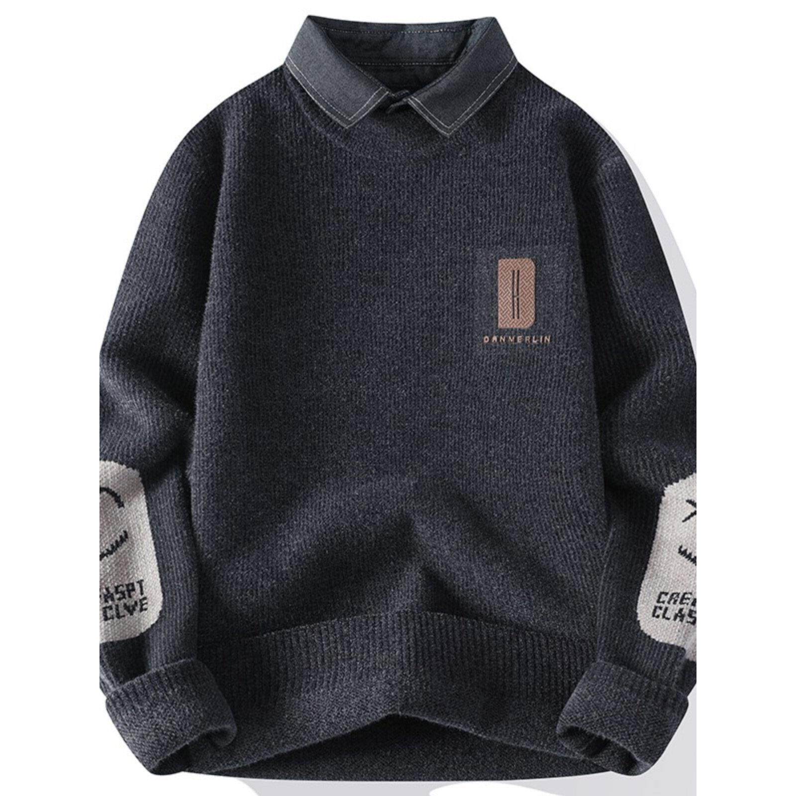 秋冬潮流假两件衬衫领长袖针织衫休闲保暖宽松上衣加绒加厚毛线衣