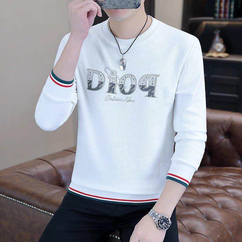 长袖t恤男纯棉春秋季男士圆领打底衫白色加厚潮流印花修身卫衣潮