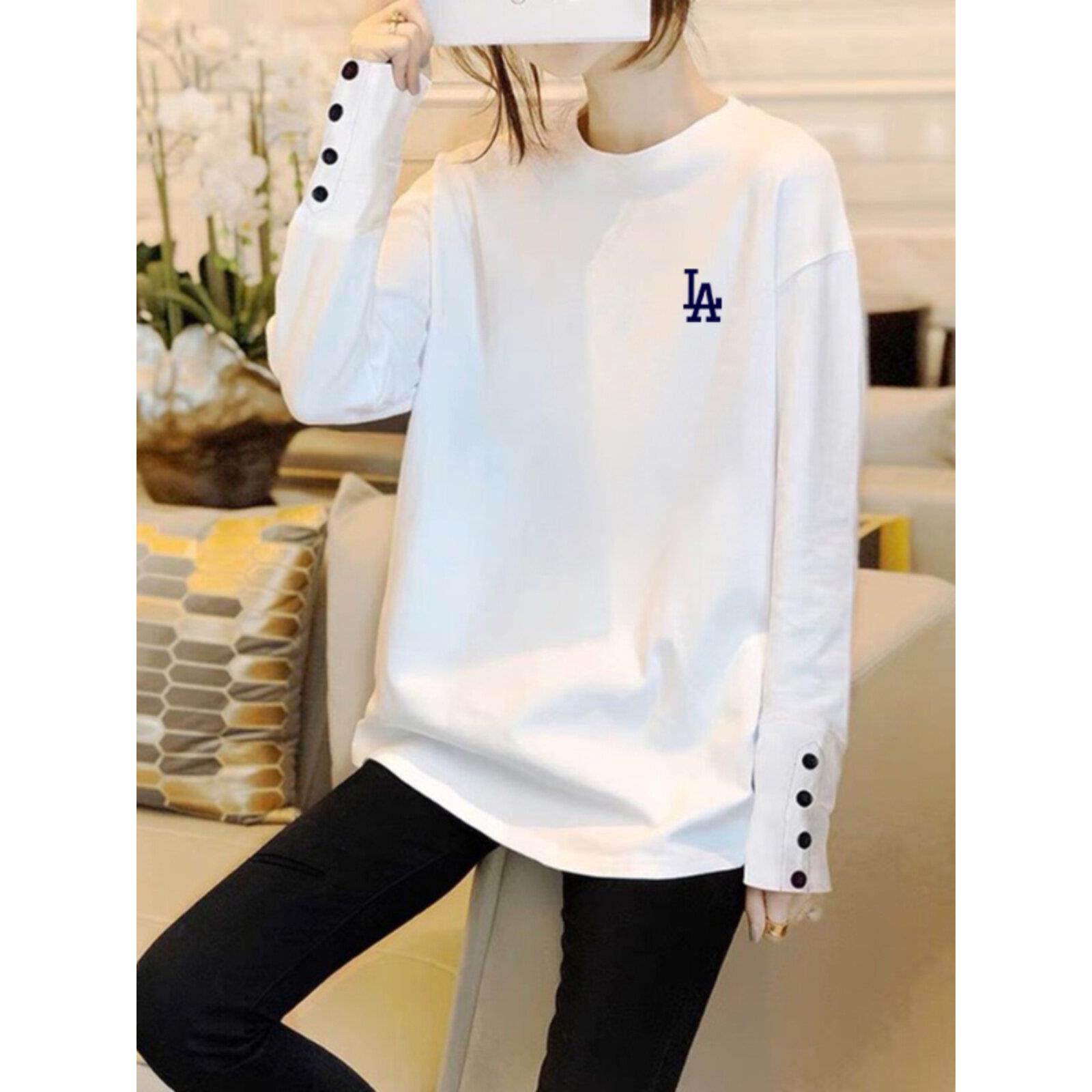 韩国设计感纽扣长袖上衣女春秋叠穿打底衫2025宽松中长款外穿t恤