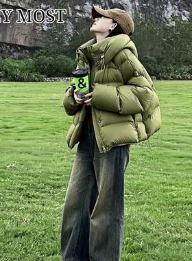 LILY MOST龟背绿色短版羽绒衣女冬季新款90白鸭绒连帽面 面包服外