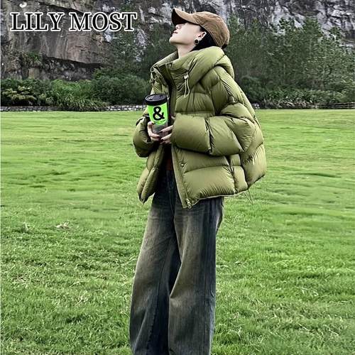 LILY MOST龟背绿色短版羽绒衣女冬季新款90白鸭绒连帽面 面包服外