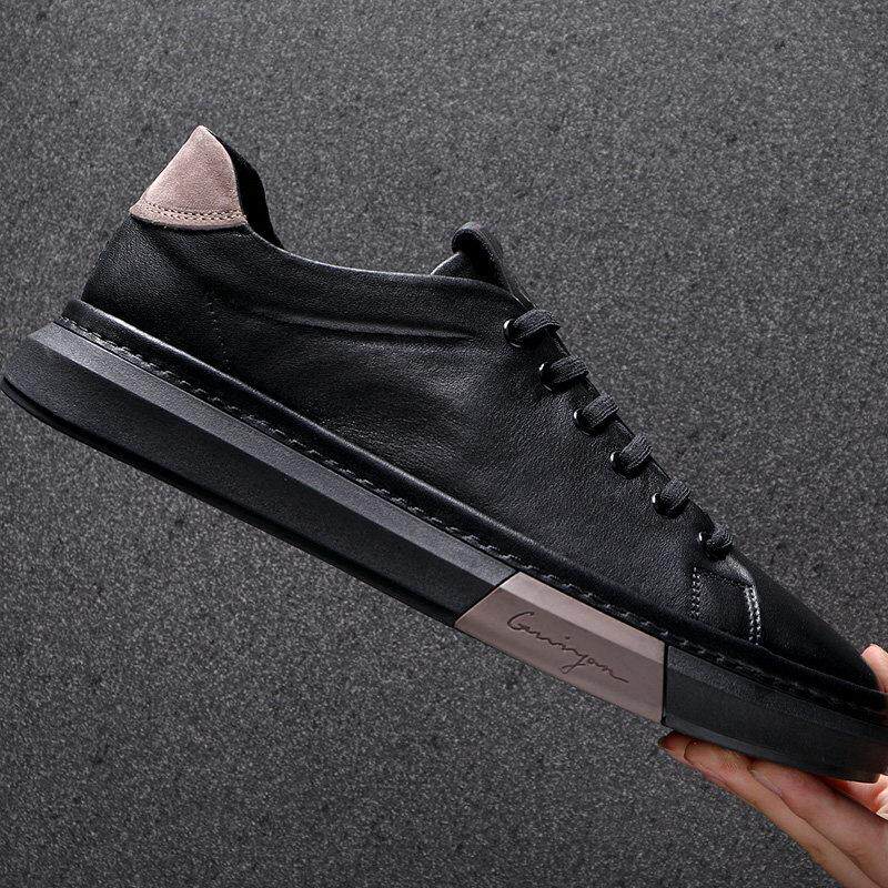 Ocnltiy百搭真皮平底板鞋男2025秋冬新款男鞋时尚潮流休闲小黑鞋