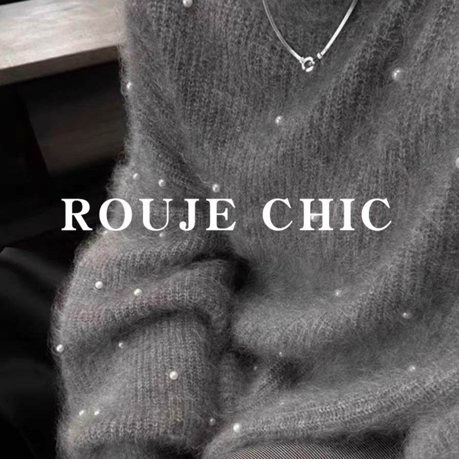 法国rouje chic圆领别致灰色钉珠马海毛毛衣女秋冬软糯高级针织衫,女装/女士精品,大码内搭,淘宝优惠券,粉丝福利购,淘宝优惠卷