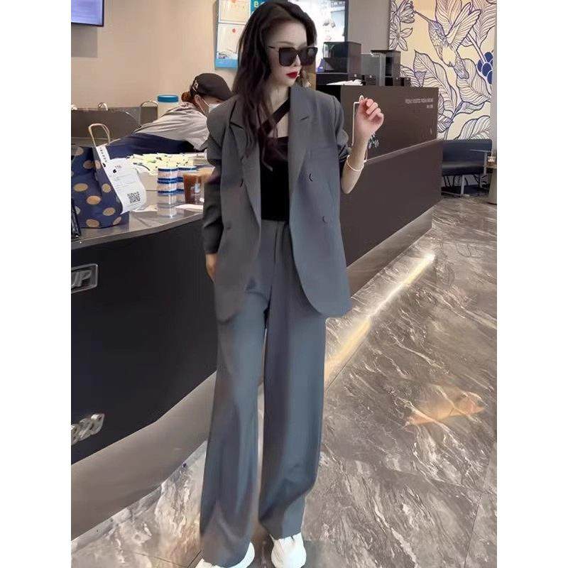 韩国春秋灰色高级感休闲西装套装女韩版职业西服阔腿裤通勤两件套