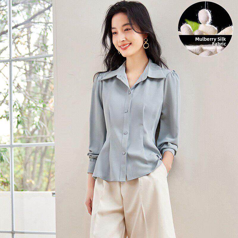 法国鲁耶天真优雅的真丝纯色衬衫女士减龄腰修身上衣桑蚕丝衬衫