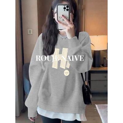 ROUJE NAIVE圆领套头假两件卫衣女2025春秋字母印花宽松外套上衣