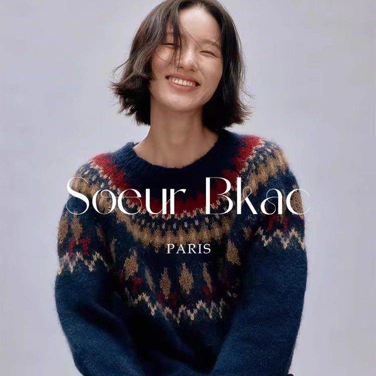 法国SOEUR BKAC法式藏青色费尔岛马海毛针织衫女秋冬季设计感毛衣,女装/女士精品,大码内搭,淘宝优惠券,粉丝福利购,淘宝优惠卷