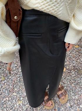 Mere Kore包臀pu皮裙半身裙女秋冬中长款开叉显瘦a字高腰直筒裙子