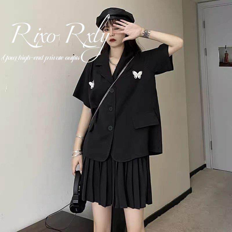 RIXO RXLY大码休闲时尚炸黑色西装套装女胖m显瘦遮肉百褶裙两件套