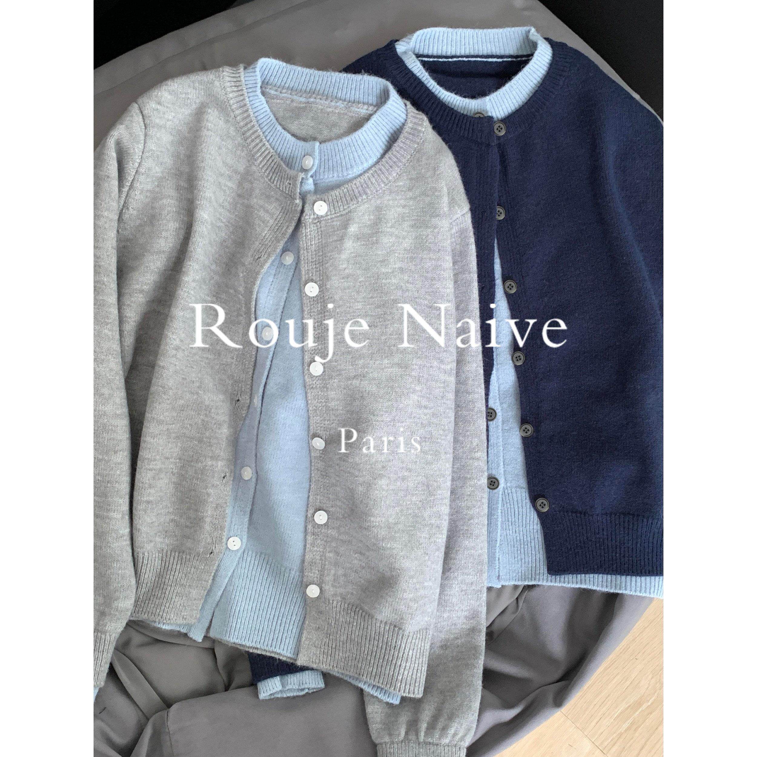 Rouje Naive韩系假两件撞色针织外套开衫春秋慵懒松弛感纽扣上衣